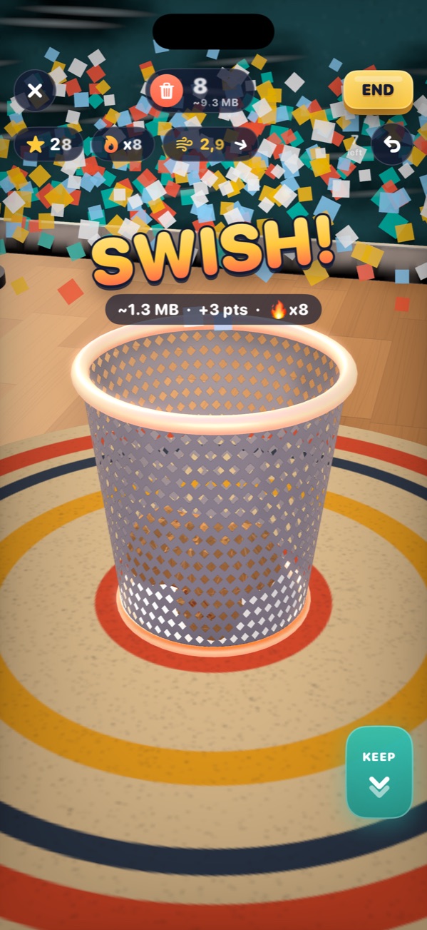 SWISH: the paper ball drops into the bin, about 1.3 MB.