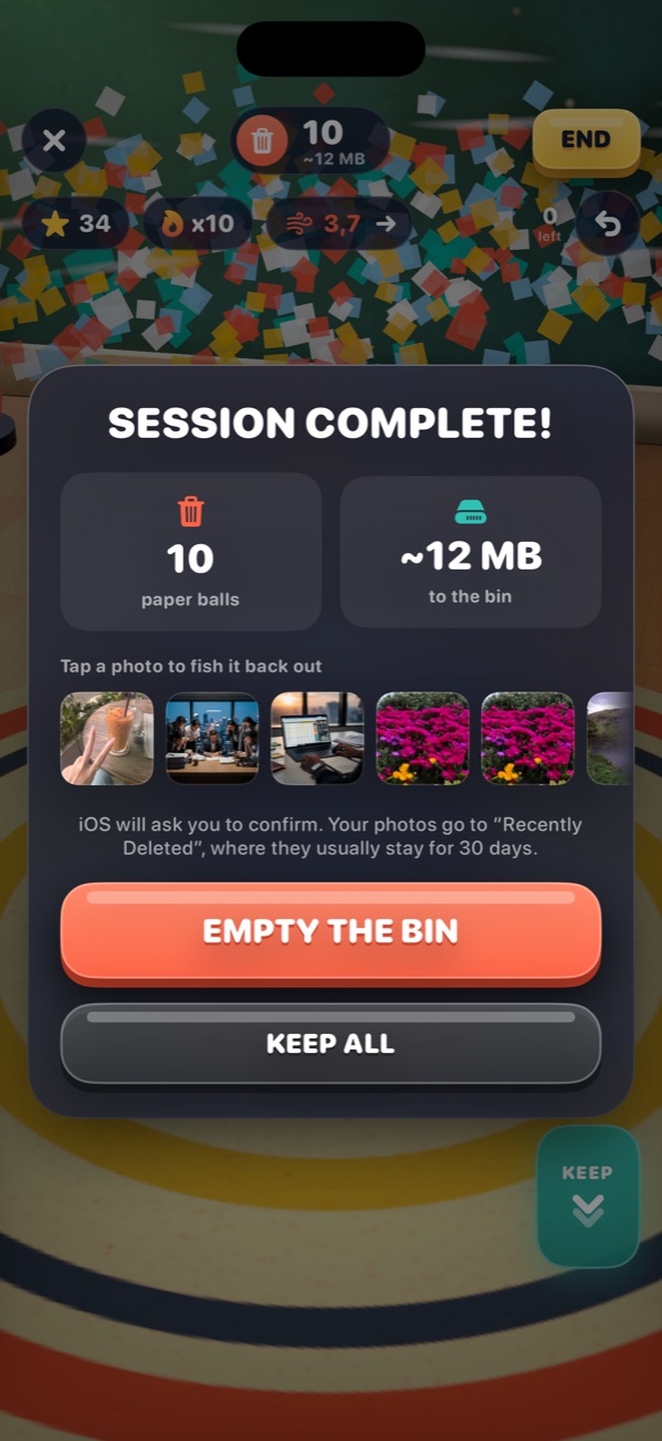 End of the session: 10 paper balls, about 12 MB to the bin, Empty the bin button.