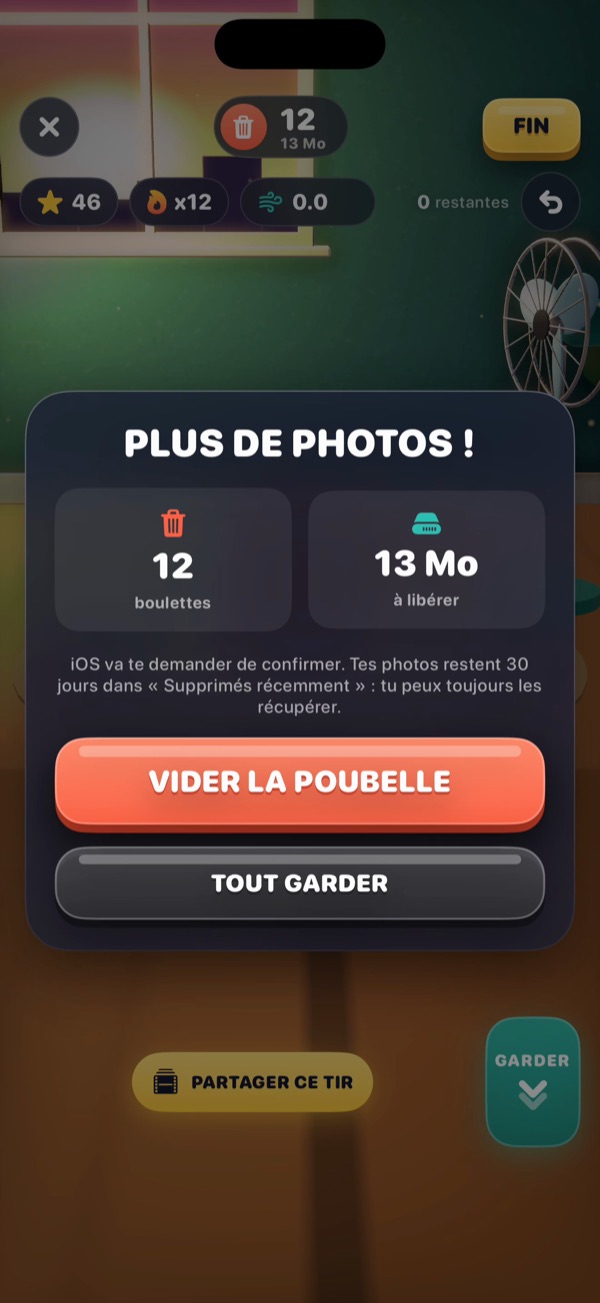 Fin de partie : 12 boulettes, 13 Mo à libérer, bouton Vider la poubelle.